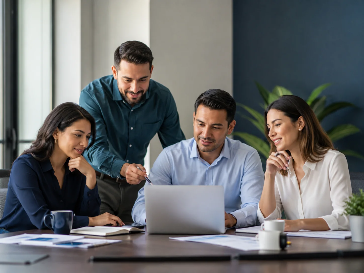Equipo latino colaborando en una reunión de trabajo